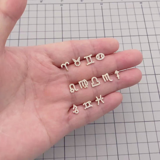 2pcs CZ paved Zodiac Constellation Stud Earrings, 18K Real Gold/ Rhodium plated Brass, Dainty Zodiac Sign Earrings(GB-4768)