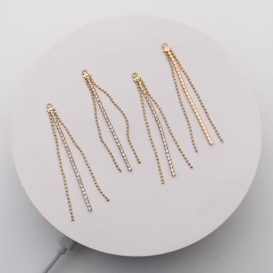 4pcs CZ Pave Gold Chain Tassel Charms 60mm, 18K Real Gold plated Brass, Tassel Earring Components (GB-1234-E)