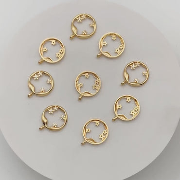 10pcs CZ pave Gold Irregular Circle and Star Pendants, 18K Gold plated Brass, Rhinestone Round Hoop Circle Charms (GB-2482)