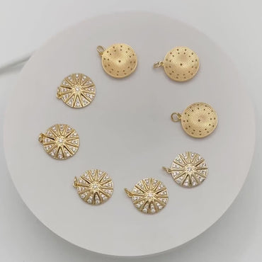 4pcs Gold Sun Disk Charms 20x18mm, 18K Gold plated Brass, CZ pave Sun Disc Pendants (GB-1232-E)