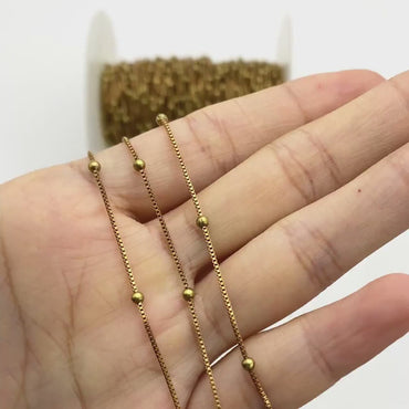 Dainty Raw Brass Beaded Box Chains, 0.9mm Box Chain with 2.5mm Round Ball Beads, Tiny Necklace Chain Wholesale (#LK-261-RB)/ 1 Meter=3.3 ft