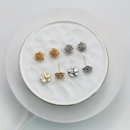 4pcs Gold/ Silver Tone Camellia Earrings, 10mm, Gold/ Rhodium Plated Brass, Flower Stud Earrings (GB-4626)