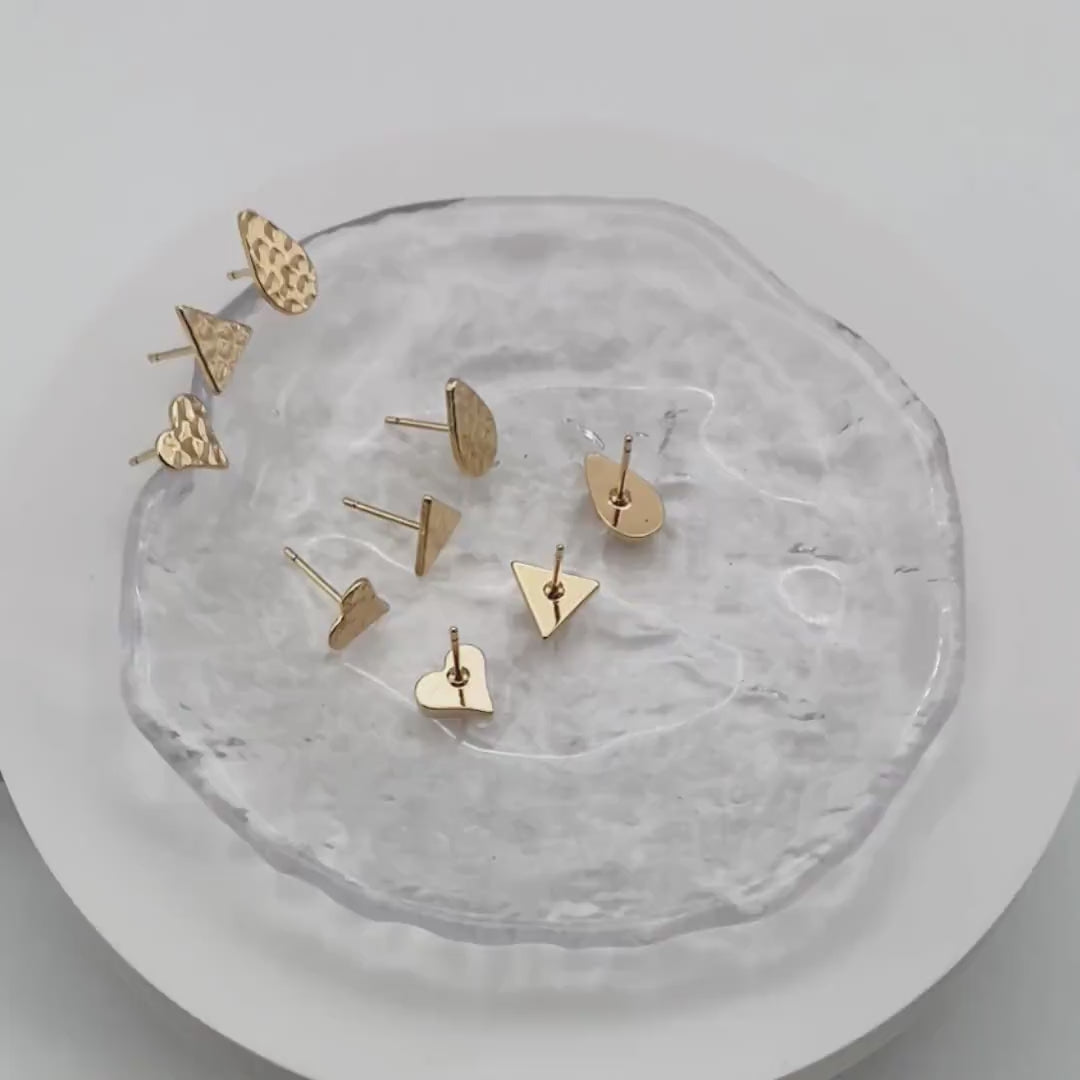 10pcs Gold Hammered Heart/ Triangle/ Teardrop Minimalist Earrings, Real Gold Plated Brass Geometric Earring Studs (GB-4190)
