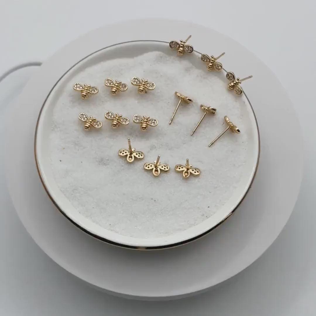 10pcs CZ pave Gold Bee Earrings 7x10mm, Real Gold Plated Brass Stud Earrings (GB-3896-C)