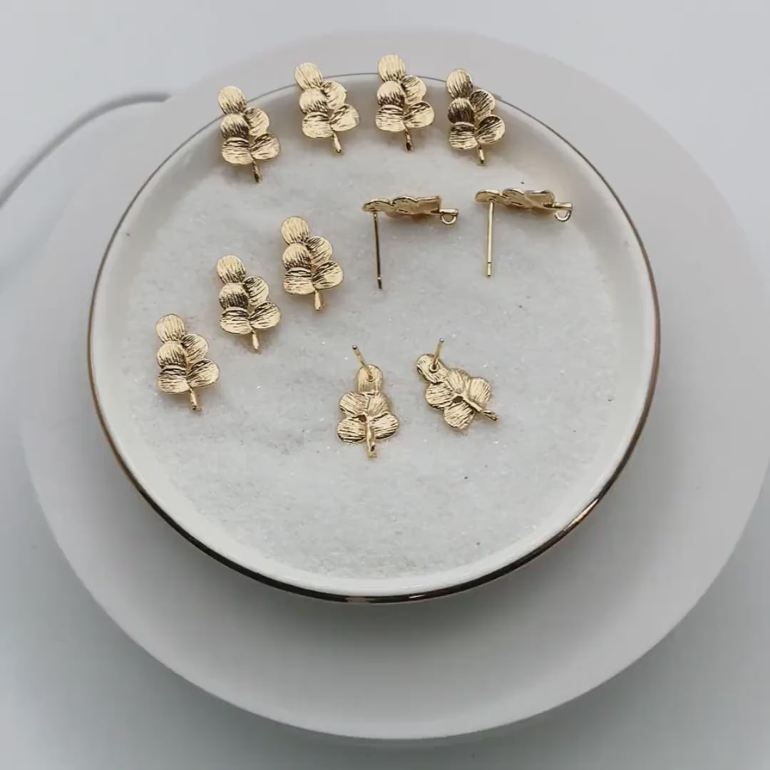 10pcs Gold Brushed Leaf Earring with A Loop 15x9mm, Gold Plated Brass Tree Stud Earrings, DIY Ear Findings (GB-4003)