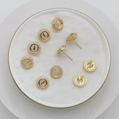 10pcs CZ Pave Round Stud Earrings 11mm, 18K Gold Plated Brass (#GB-1757)