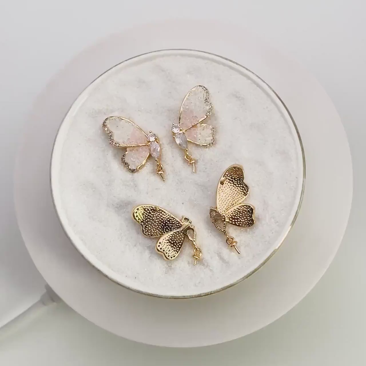 4pcs CZ Pave Gold Crystal Butterfly Earrings With Pearl Peg Earring Mounts, Half Drilled Pearl Earring Settings (GB-4394)