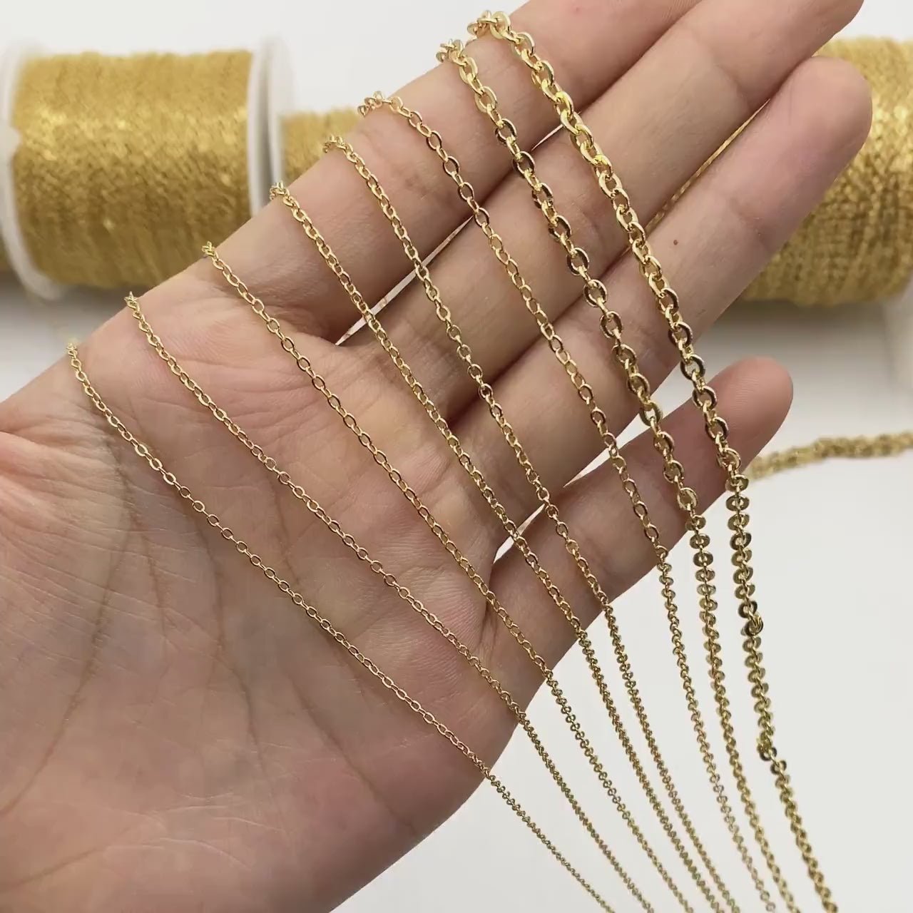 Dainty Gold plated Brass Cable Chains, Soldered Oval Chain Wholesale, 1.2/ 1.4/ 1.6/ 1.8/ 2/ 3.2mm Multi Sizes (#LK-106)/ 1 Meter=3.3 ft