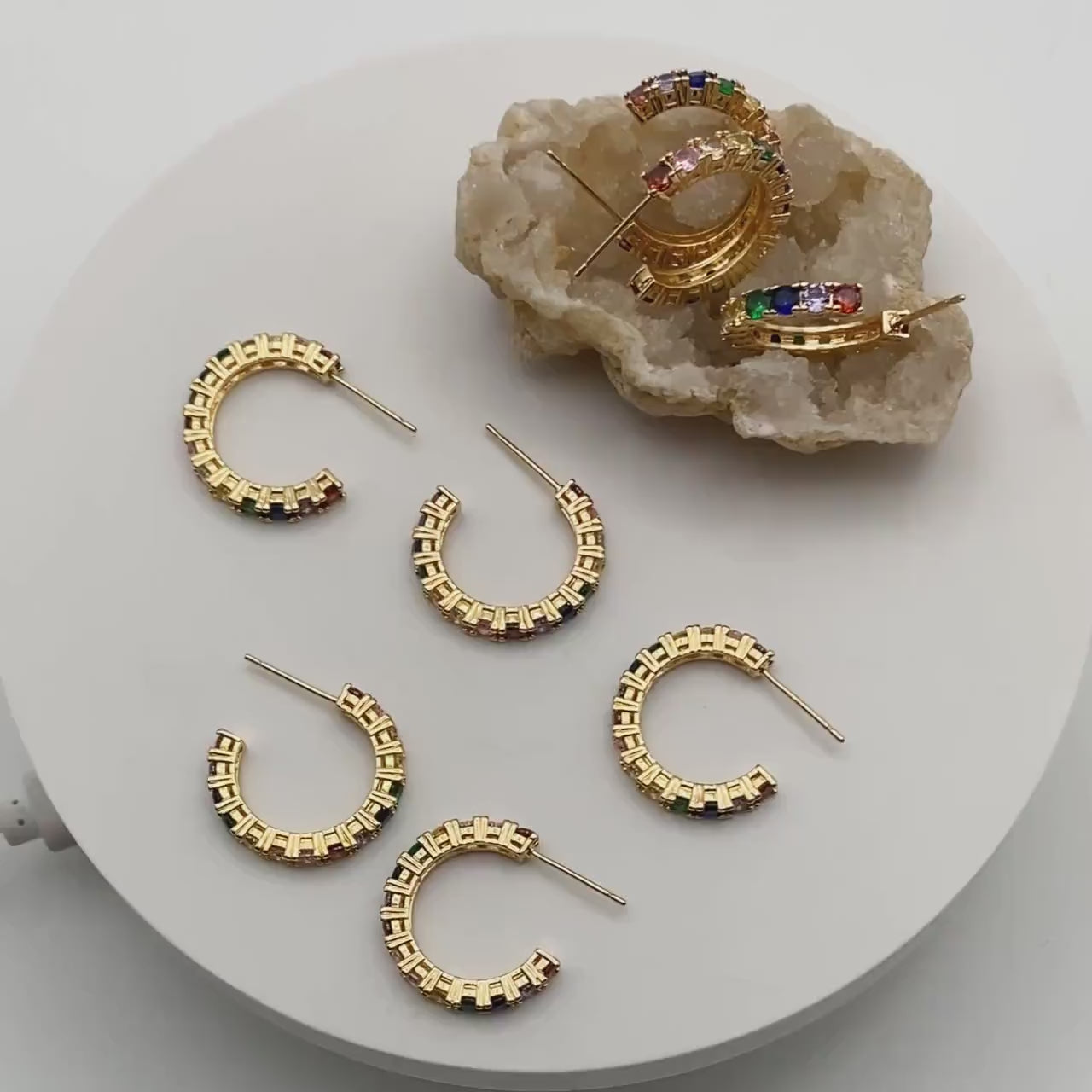 4pcs CZ Pave Hoop Stud Earrings 21mm, 18K Gold Plated Brass, Colorful Rainbow Post Earrings (GB-3646)