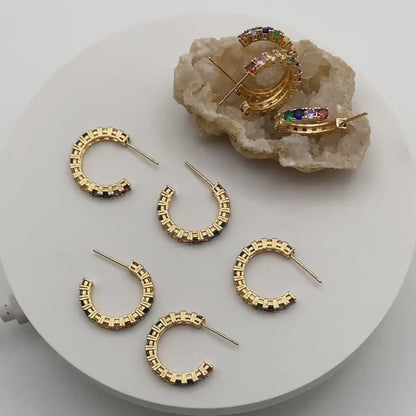 4pcs CZ Pave Hoop Stud Earrings 21mm, 18K Gold Plated Brass, Colorful Rainbow Post Earrings (GB-3646)