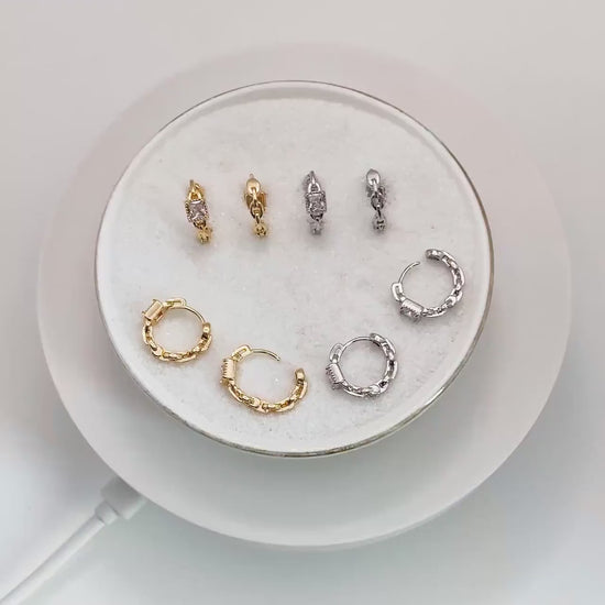 4pcs CZ Pave Gold/ Silver Tone Chain Hoop Earrings, 18K Real Gold/ Rhodium plated Brass, Huggie Earrings, Chain Earrings (GB-3020-B)