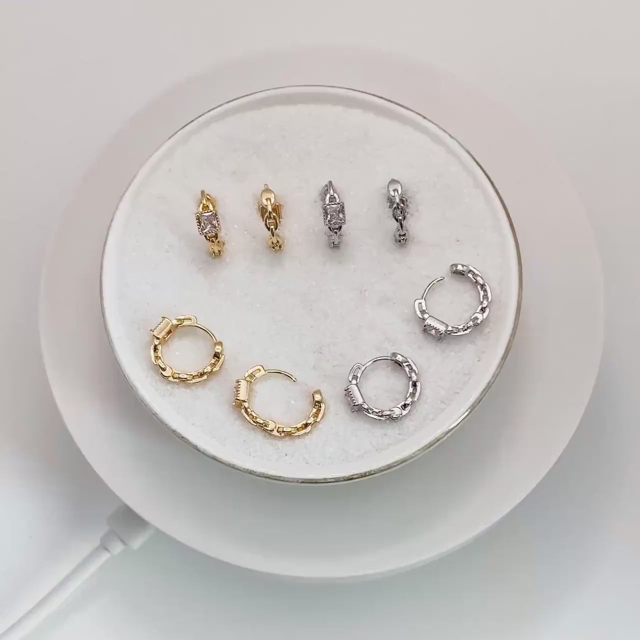 4pcs CZ Pave Gold/ Silver Tone Chain Hoop Earrings, 18K Real Gold/ Rhodium plated Brass, Huggie Earrings, Chain Earrings (GB-3020-B)