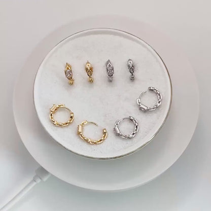 4pcs CZ Pave Gold/ Silver Tone Chain Hoop Earrings, 18K Real Gold/ Rhodium plated Brass, Huggie Earrings, Chain Earrings (GB-3020-B)