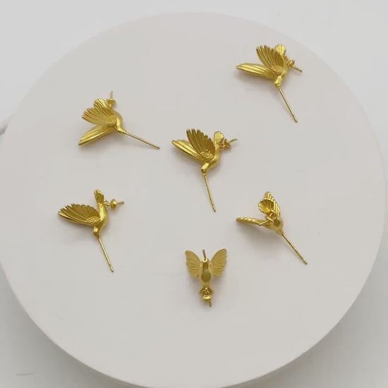 4pcs Matte Gold Hummingbird Earrings, Half Drilled Pearl Mounts, Pearl Earring Settings (GB-4526)