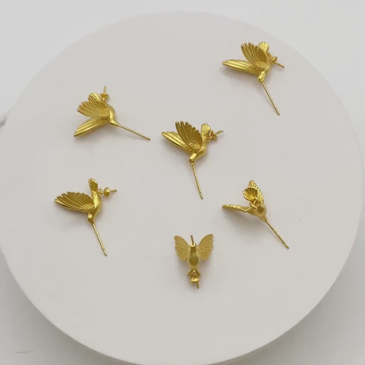 4pcs Matte Gold Hummingbird Earrings, Half Drilled Pearl Mounts, Pearl Earring Settings (GB-4526)